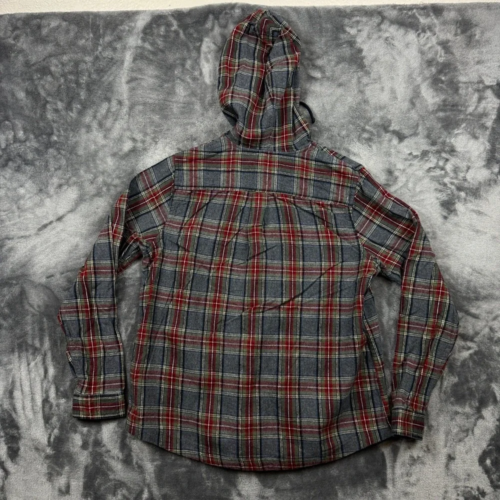 LL Bean Flannel Hoodie Mens Small Grey Red Plaid Excellent Zip Up Shirt Jacket